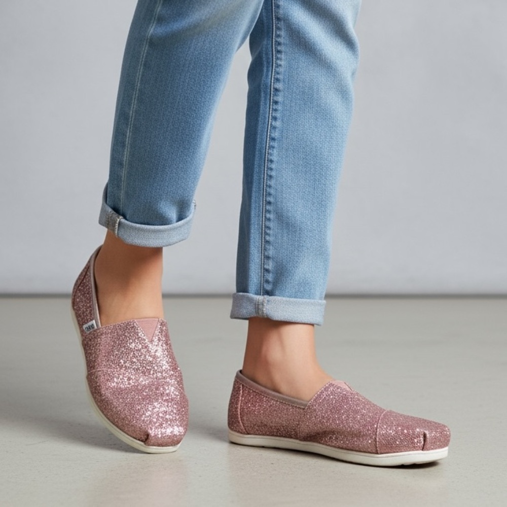 TOMS - WOMENS CLASSIC CANVAS SLIPON SHOES IN PINK GLITTER 6.5
